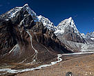 A rubble and debris from a landslide seen from the trail between Dengboche and Tuckla Pass above Pheriche in the Everest region of the Himalayas in Nepal. The region is currently being severely affected by climate change including an increased risk to human life from Glacial Lake Outburst Floods (GLOFS) caused by the accelerated melting of glaciers to form glacial lakes which continue to swell dangerously beyond ther natural ability to drain safely. 